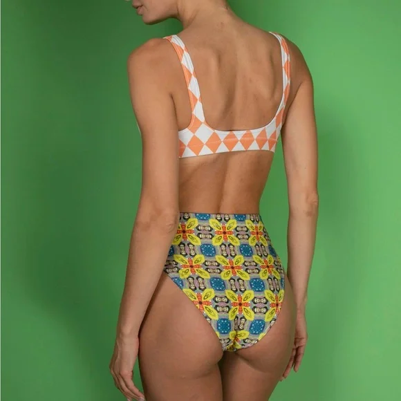 Frida Kahlo Inspired High Waisted Bikini Set Colorful Retro Boho Swim NWT - Picture 4 of 6